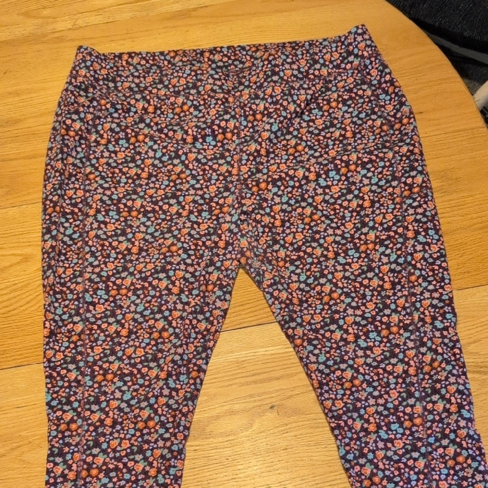 Vibrant Blue and Orange Floral Leggings with Tapered Fit